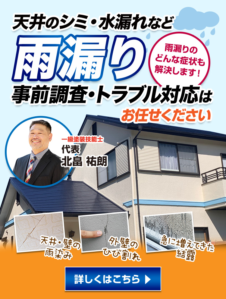 天井のシミ・水漏れなど雨漏り　雨漏りのどんな症状も解決します！　事前調査・トラブル対応はお任せください　一級塗装技能士代表北畠祐朗　天井・壁の雨染み、外壁のひび割れ、急に増えた結露についても対応
