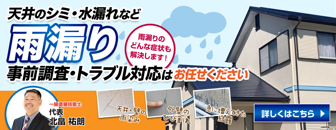 天井のシミ・水漏れなど雨漏り　雨漏りのどんな症状も解決します！　事前調査・トラブル対応はお任せください　一級塗装技能士代表北畠祐朗　天井・壁の雨染み、外壁のひび割れ、急に増えた結露についても対応